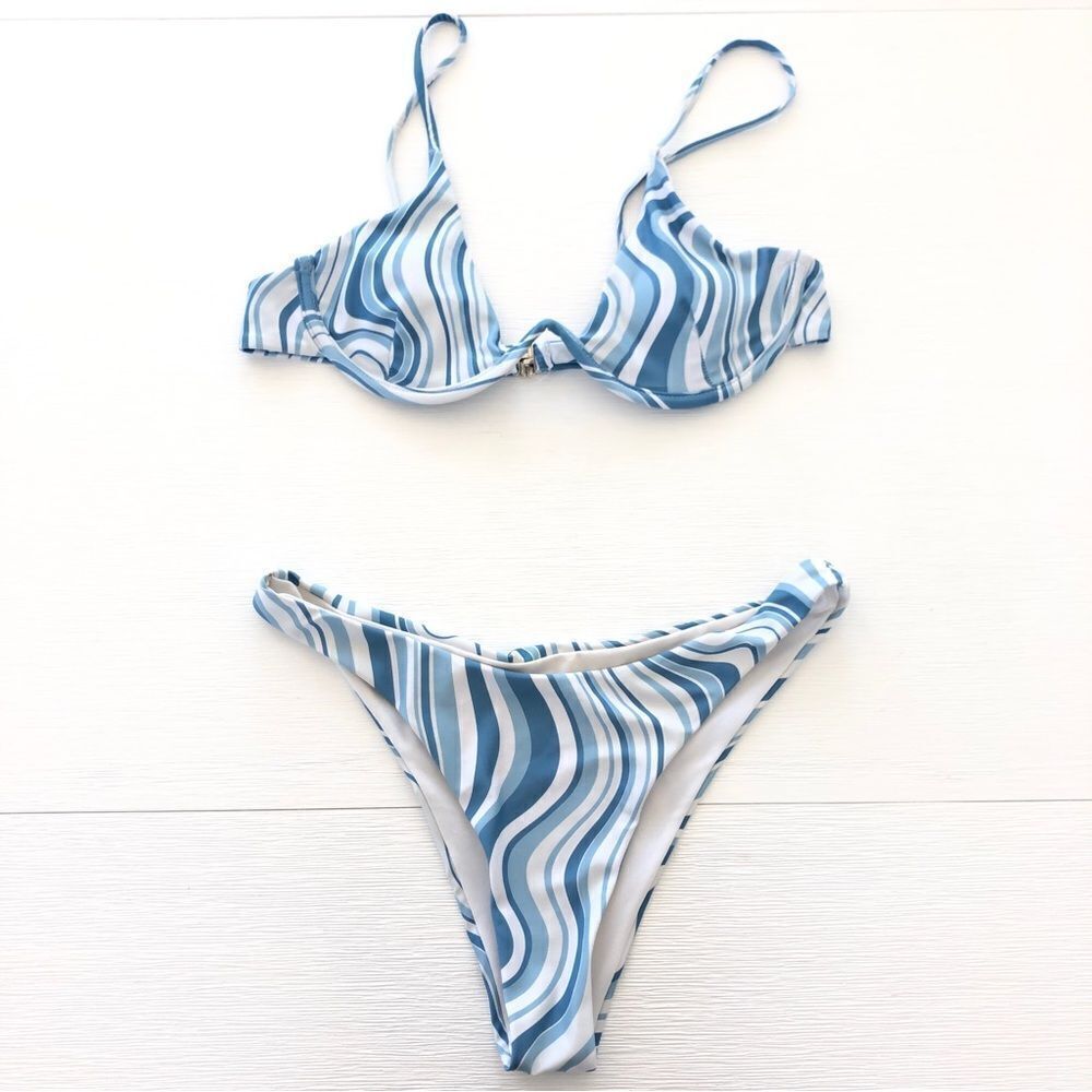 Blue Wave Bikini 2 Piece Set Underwire Bikini Top & High Rise Bikini Bottoms